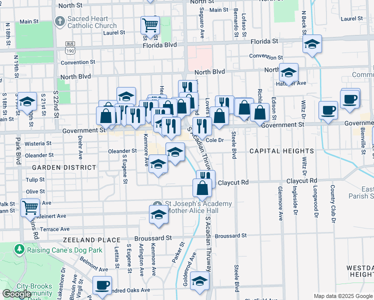 map of restaurants, bars, coffee shops, grocery stores, and more near 608D Carol Marie Drive in Baton Rouge