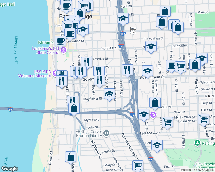 map of restaurants, bars, coffee shops, grocery stores, and more near 615 Saint Joseph Street in Baton Rouge