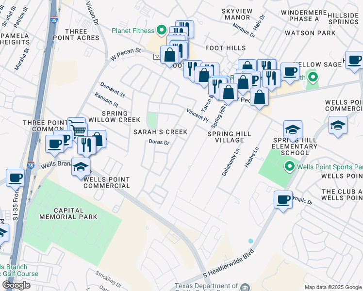 map of restaurants, bars, coffee shops, grocery stores, and more near 15305 Tacon Lane in Pflugerville