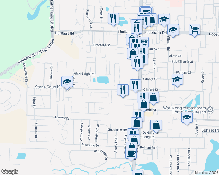 map of restaurants, bars, coffee shops, grocery stores, and more near 211 Carmel Drive in Fort Walton Beach