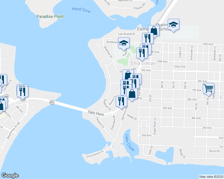 map of restaurants, bars, coffee shops, grocery stores, and more near 30 Shalimar Drive in Shalimar