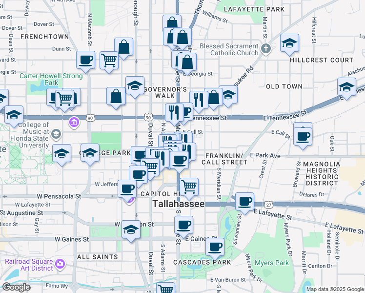 map of restaurants, bars, coffee shops, grocery stores, and more near 101 North Monroe Street in Tallahassee