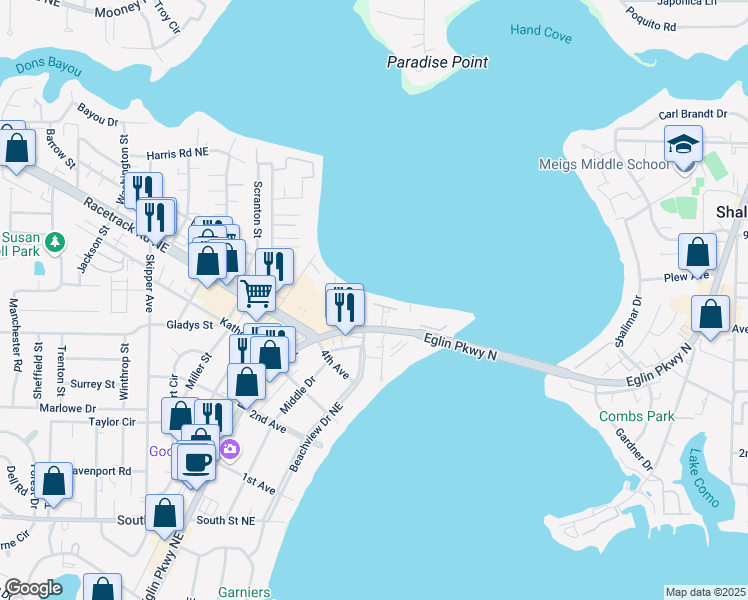 map of restaurants, bars, coffee shops, grocery stores, and more near 810 Eglin Parkway in Fort Walton Beach