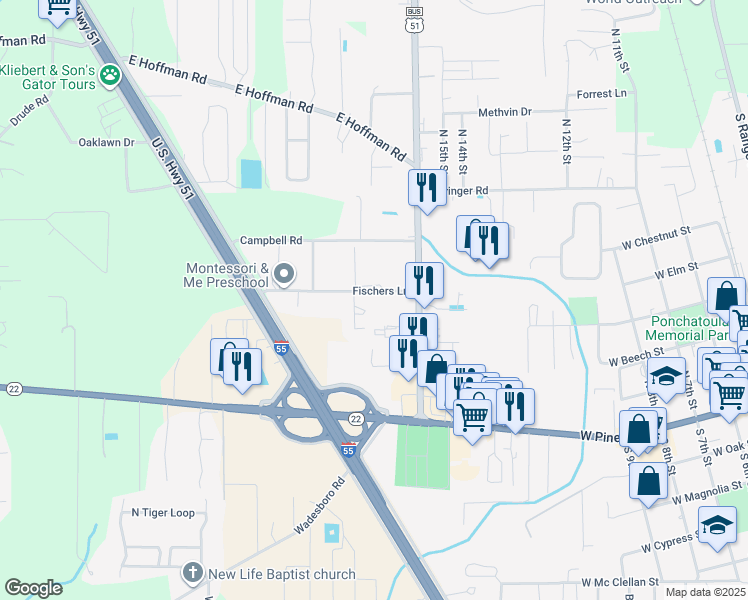 map of restaurants, bars, coffee shops, grocery stores, and more near 300 Fischers Lane in Ponchatoula