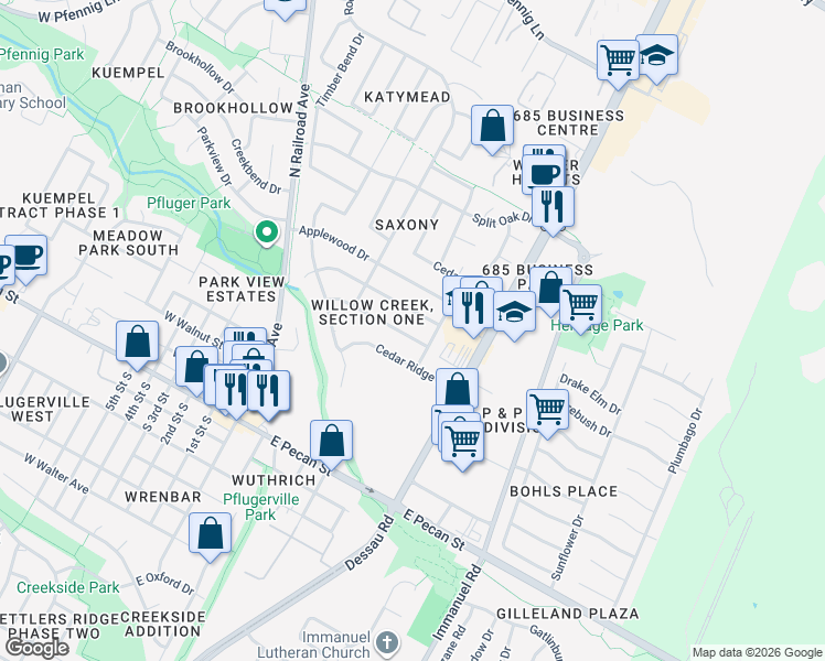 map of restaurants, bars, coffee shops, grocery stores, and more near 607 Oak Ridge Drive in Pflugerville