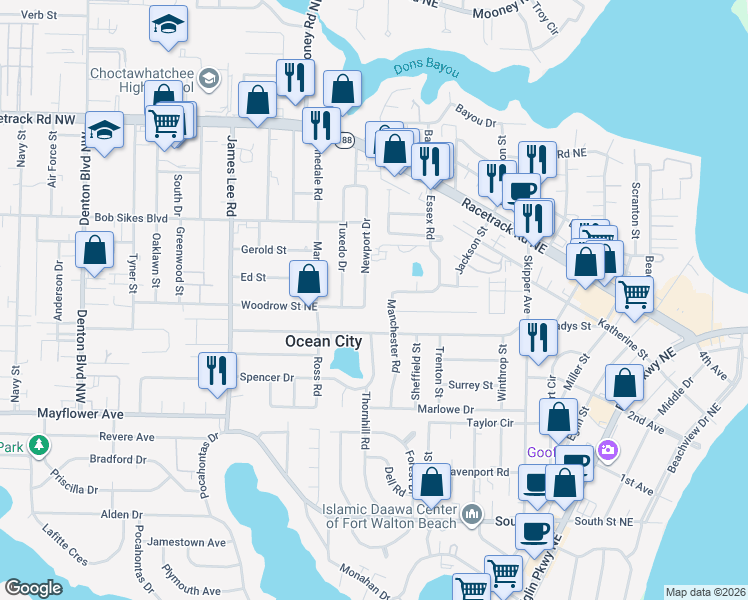 map of restaurants, bars, coffee shops, grocery stores, and more near 707 Newport Drive in Fort Walton Beach