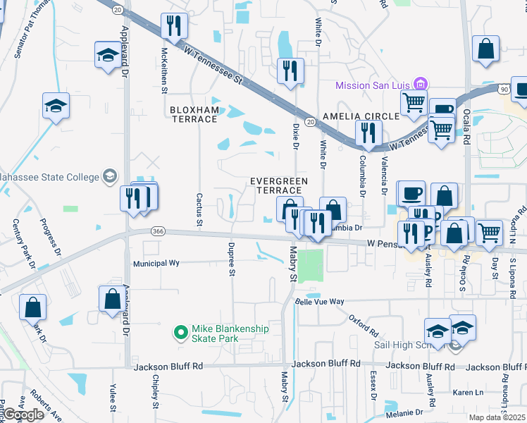 map of restaurants, bars, coffee shops, grocery stores, and more near 22 Blue Heron Circle in Tallahassee