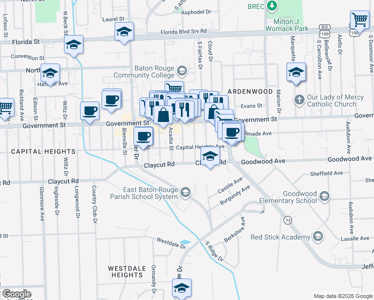 map of restaurants, bars, coffee shops, grocery stores, and more near 5406 Capital Heights Avenue in Baton Rouge