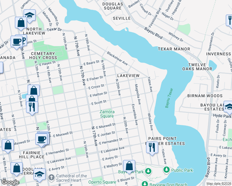 map of restaurants, bars, coffee shops, grocery stores, and more near 1913 East Hatton Street in Pensacola