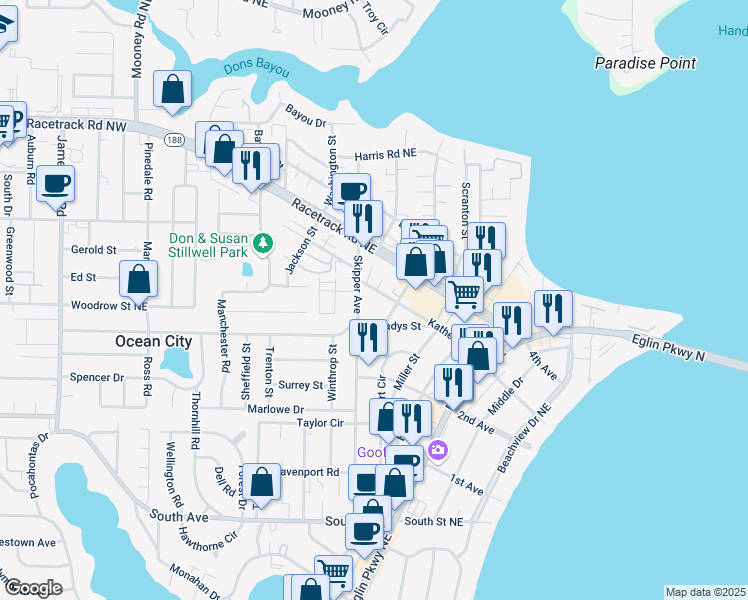 map of restaurants, bars, coffee shops, grocery stores, and more near 108 Katherine Street in Shalimar
