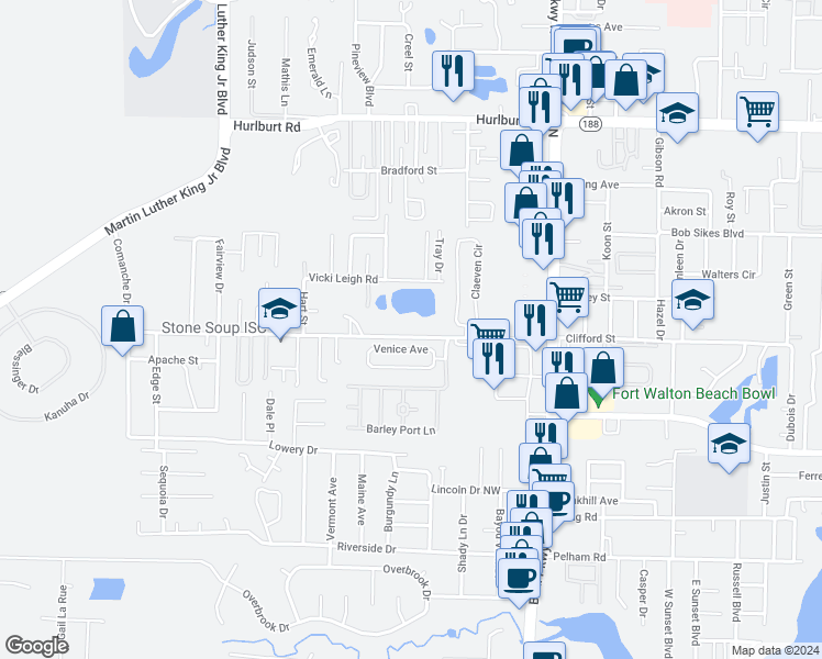 map of restaurants, bars, coffee shops, grocery stores, and more near 223 Carmel Drive in Fort Walton Beach