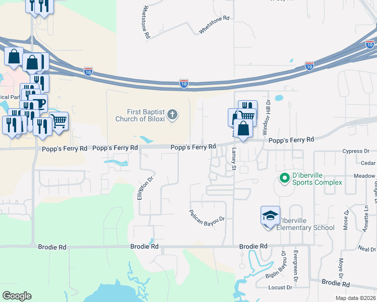 map of restaurants, bars, coffee shops, grocery stores, and more near 1545 Popp's Ferry Road in Biloxi