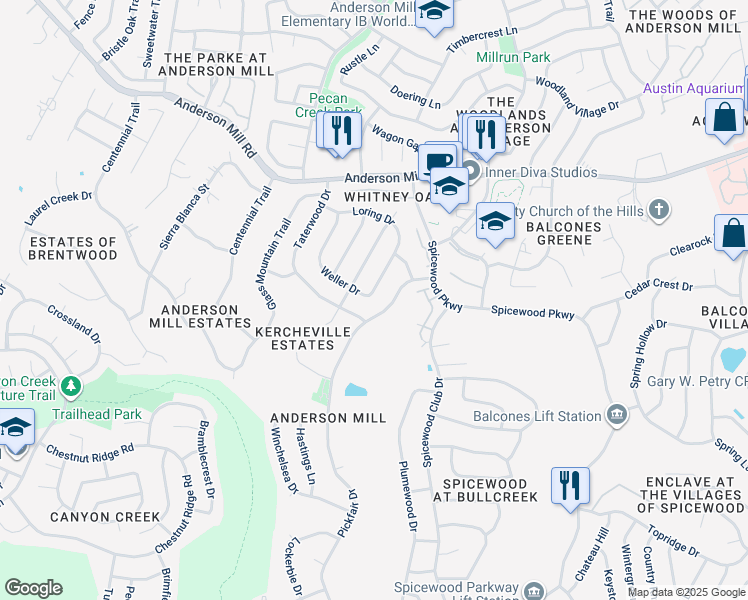 map of restaurants, bars, coffee shops, grocery stores, and more near 10413 Weller Drive in Austin