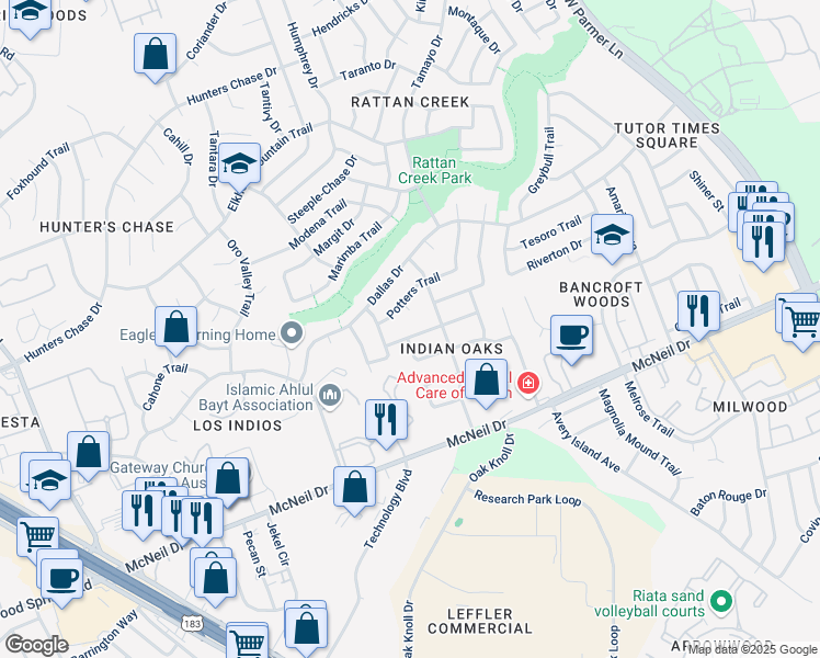 map of restaurants, bars, coffee shops, grocery stores, and more near 7208 North Ute Trail in Austin