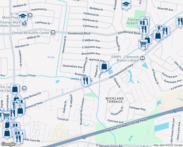 map of restaurants, bars, coffee shops, grocery stores, and more near 1545 Montgomery Dr in Baton Rouge