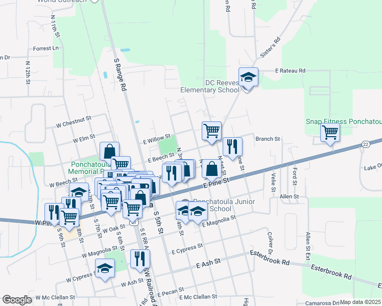 map of restaurants, bars, coffee shops, grocery stores, and more near 485 East Beech Street in Ponchatoula