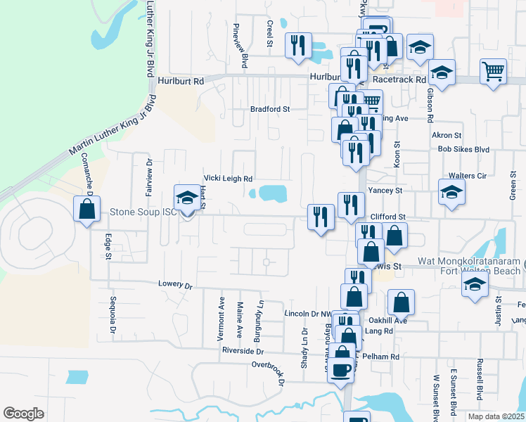 map of restaurants, bars, coffee shops, grocery stores, and more near 225 Carmel Drive in Fort Walton Beach