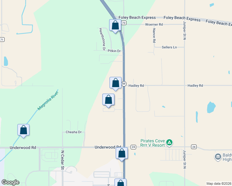 map of restaurants, bars, coffee shops, grocery stores, and more near 14965 Highway 59 in Foley