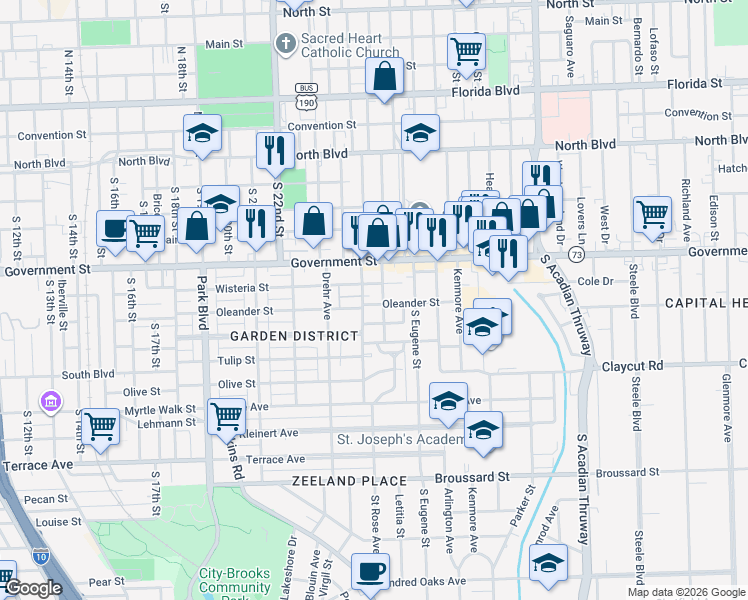 map of restaurants, bars, coffee shops, grocery stores, and more near 639 Lavinia Street in Baton Rouge