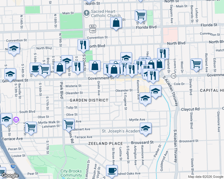 map of restaurants, bars, coffee shops, grocery stores, and more near 2357 Oleander Street in Baton Rouge
