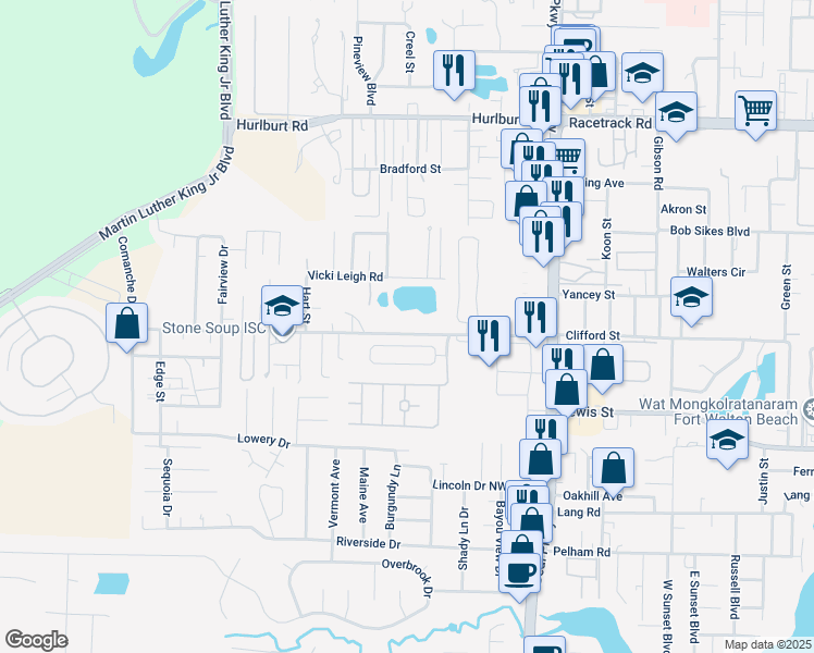 map of restaurants, bars, coffee shops, grocery stores, and more near 225 Carmel Drive in Fort Walton Beach