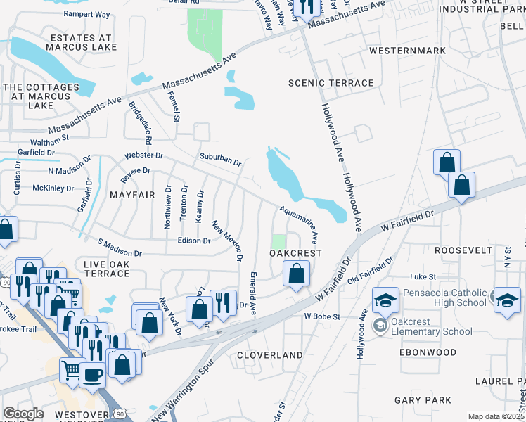 map of restaurants, bars, coffee shops, grocery stores, and more near 232 Emerald Avenue in Pensacola