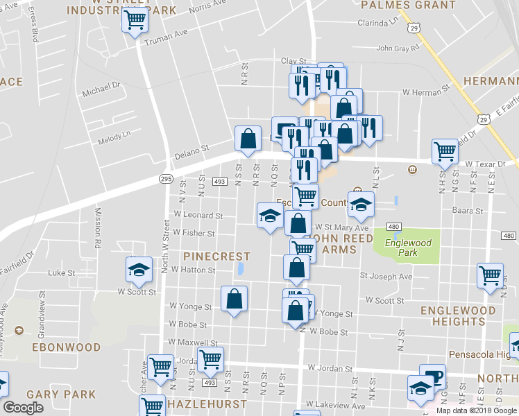 map of restaurants, bars, coffee shops, grocery stores, and more near 2826 North R Street in Pensacola