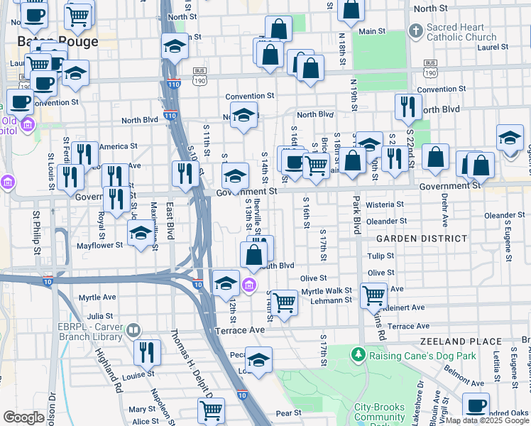map of restaurants, bars, coffee shops, grocery stores, and more near 602 Wisteria Street in Baton Rouge