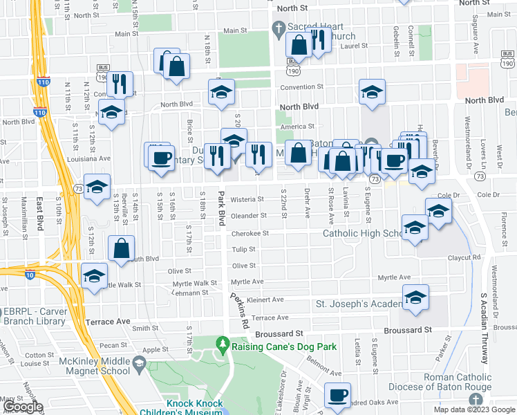map of restaurants, bars, coffee shops, grocery stores, and more near 628 Camelia Avenue in Baton Rouge