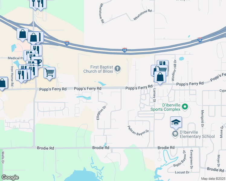 map of restaurants, bars, coffee shops, grocery stores, and more near 1566 Applewood Court in Biloxi