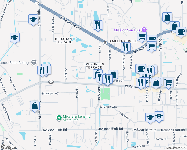 map of restaurants, bars, coffee shops, grocery stores, and more near 110 Dixie Drive in Tallahassee
