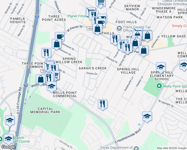 map of restaurants, bars, coffee shops, grocery stores, and more near 1001 Doras Drive in Pflugerville