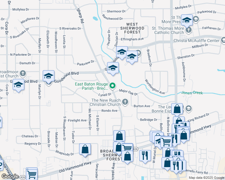 map of restaurants, bars, coffee shops, grocery stores, and more near 1225 Sharp Road in Baton Rouge