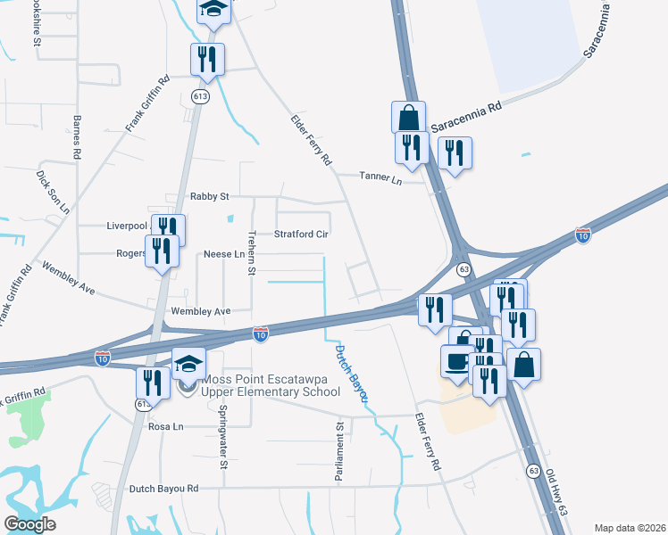 map of restaurants, bars, coffee shops, grocery stores, and more near 4404 Adcock Street in Moss Point
