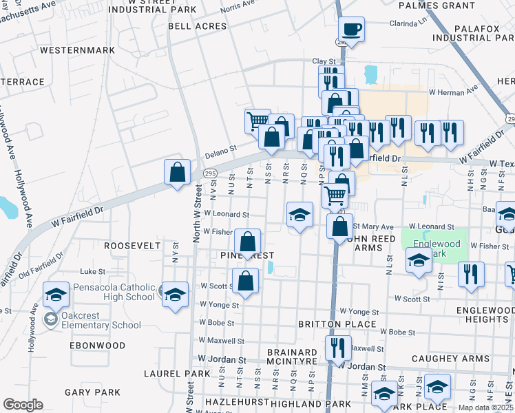 map of restaurants, bars, coffee shops, grocery stores, and more near 2901-2999 N S St in Pensacola