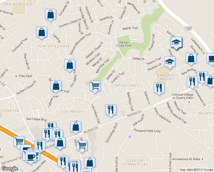 map of restaurants, bars, coffee shops, grocery stores, and more near 12612 Wittmer Dr in Austin