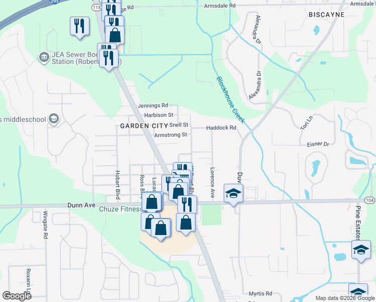 map of restaurants, bars, coffee shops, grocery stores, and more near 11432 West Court Boulevard in Jacksonville