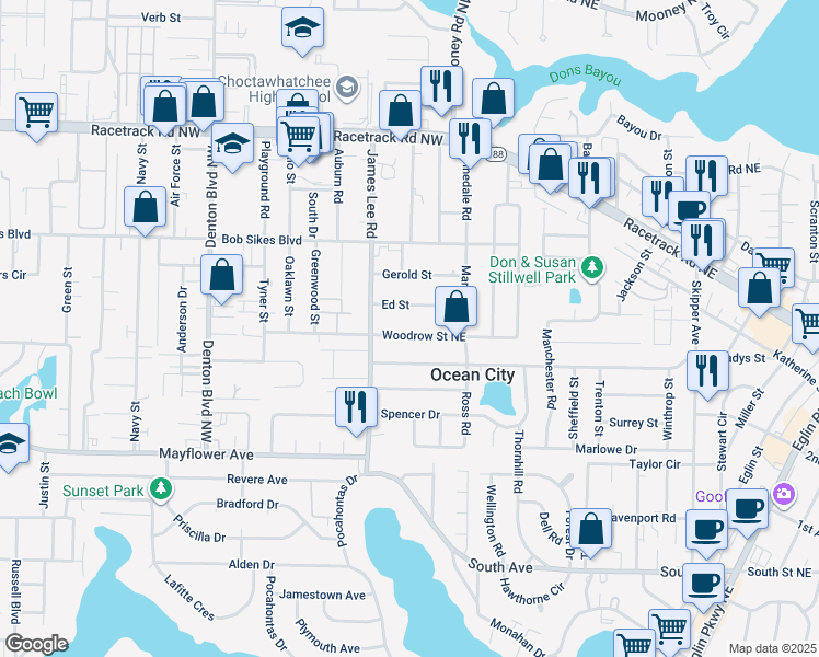 map of restaurants, bars, coffee shops, grocery stores, and more near 410 Woodrow Street Northeast in Fort Walton Beach