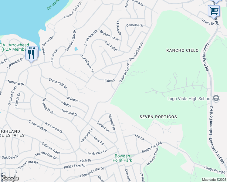 map of restaurants, bars, coffee shops, grocery stores, and more near 4706 Outpost Trace in Lago Vista