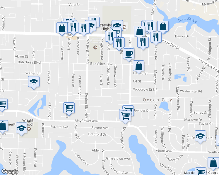 map of restaurants, bars, coffee shops, grocery stores, and more near 308a Woodrow Street Northeast in Fort Walton Beach