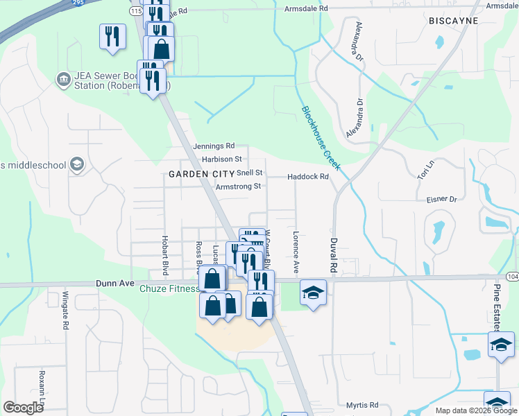 map of restaurants, bars, coffee shops, grocery stores, and more near 11432 West Court Boulevard in Jacksonville