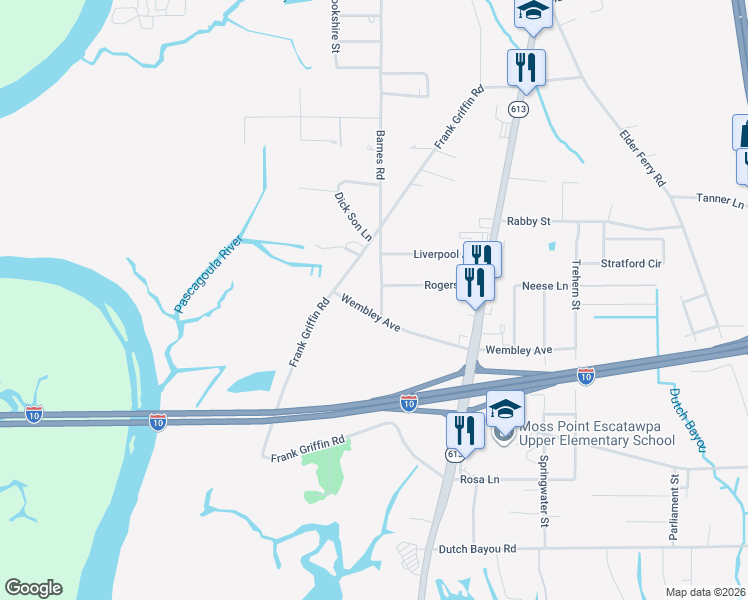 map of restaurants, bars, coffee shops, grocery stores, and more near 6917 Barnes Road in Moss Point