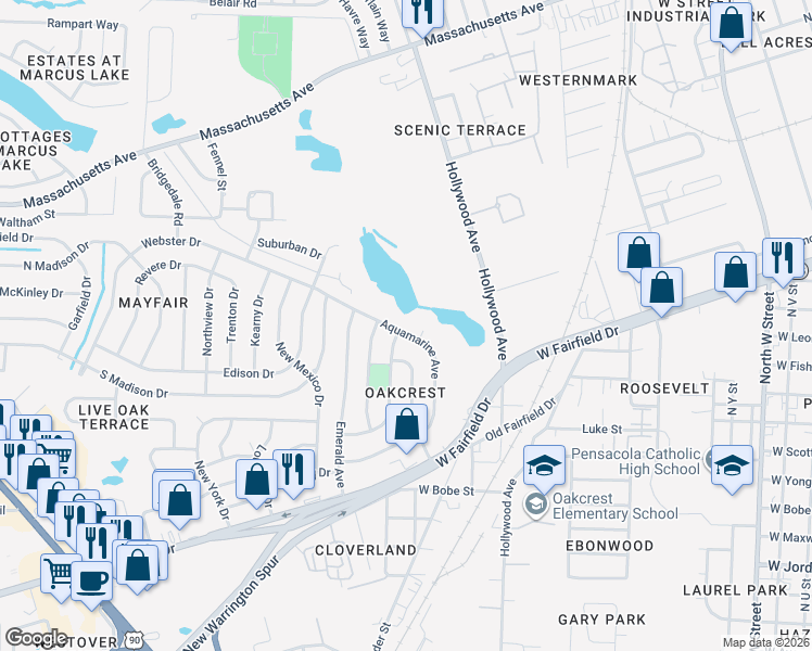 map of restaurants, bars, coffee shops, grocery stores, and more near 235 Aquamarine Avenue in Pensacola