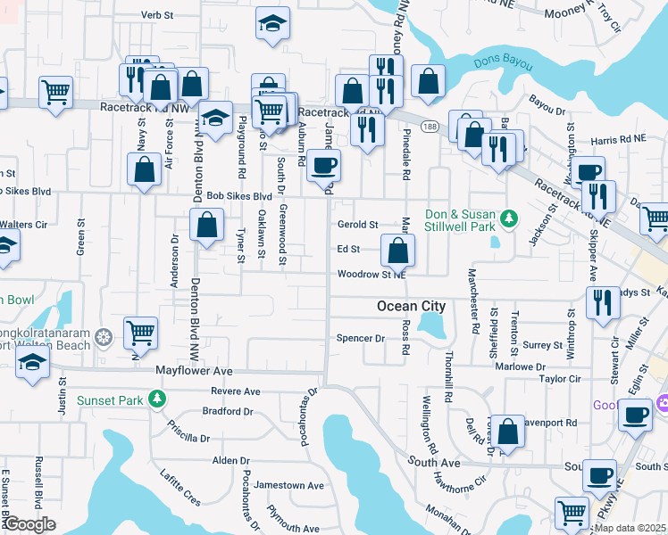 map of restaurants, bars, coffee shops, grocery stores, and more near 400 Woodrow Street Northeast in Fort Walton Beach