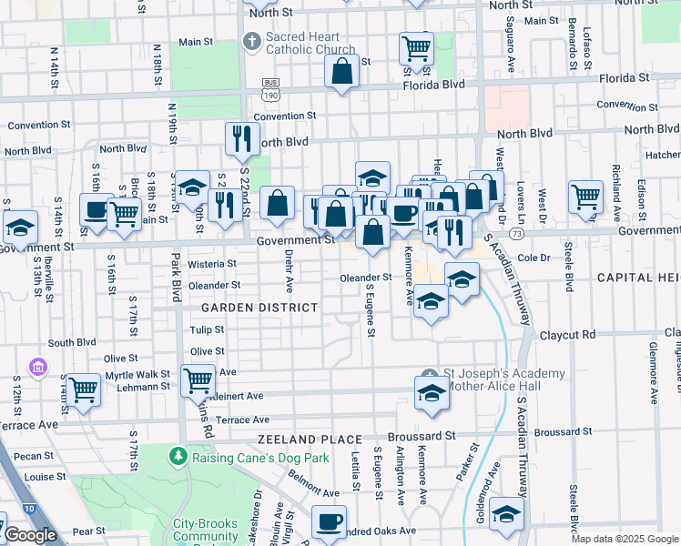 map of restaurants, bars, coffee shops, grocery stores, and more near 639 Lavinia Street in Baton Rouge