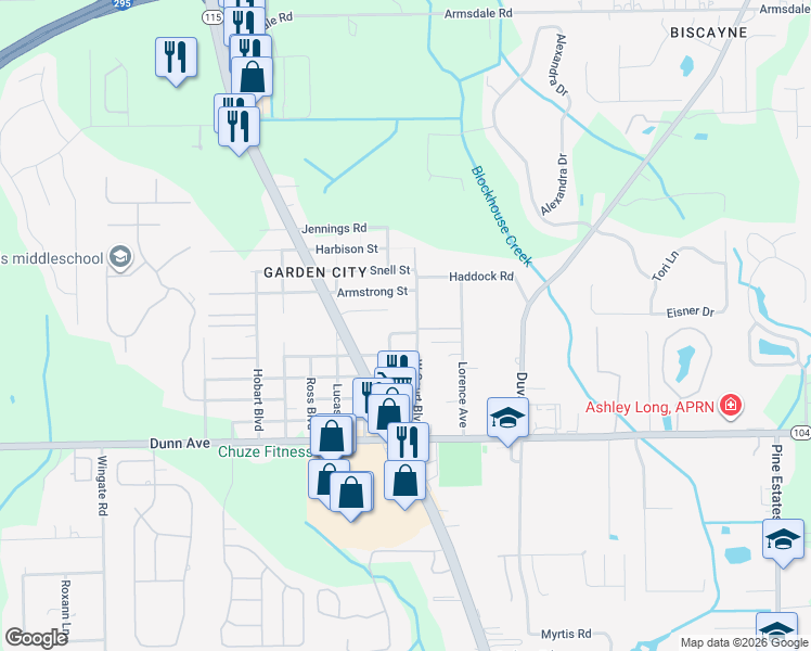 map of restaurants, bars, coffee shops, grocery stores, and more near 11432 West Court Boulevard in Jacksonville