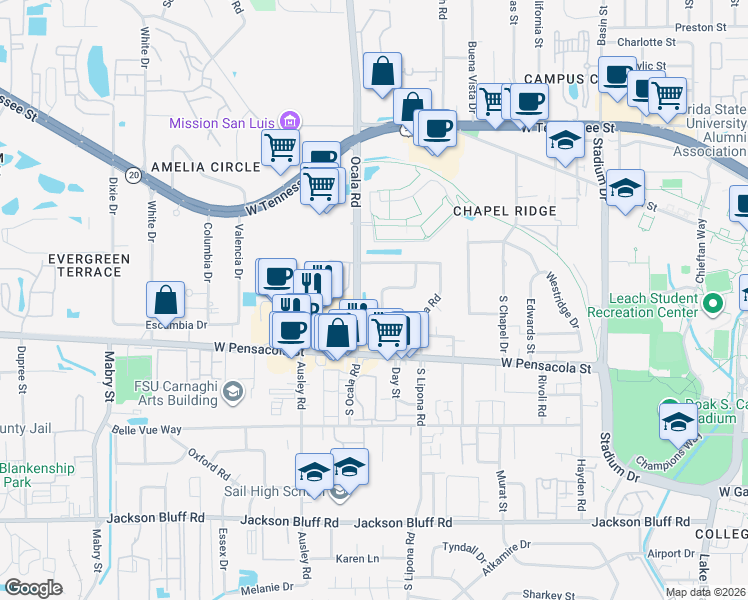 map of restaurants, bars, coffee shops, grocery stores, and more near 2004 Crabapple Drive in Tallahassee
