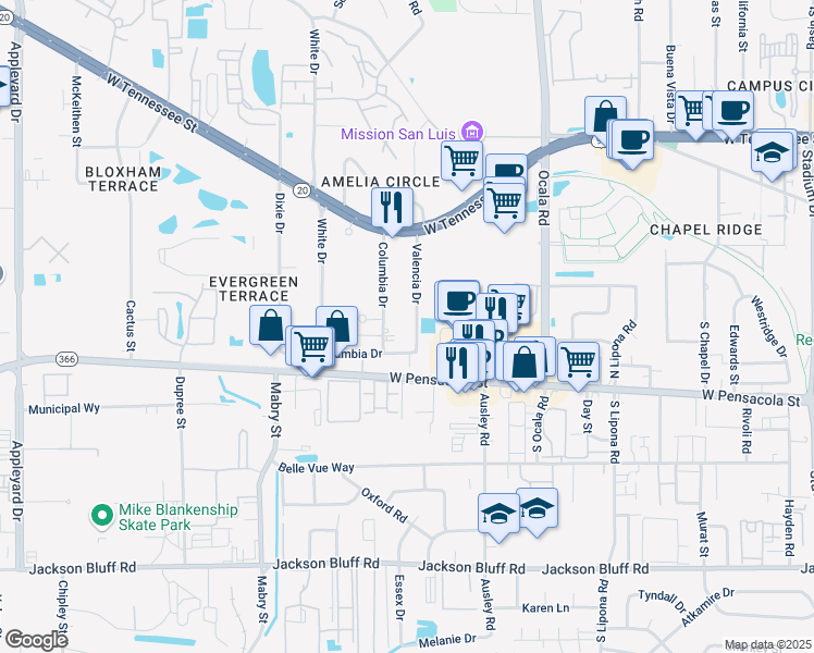 map of restaurants, bars, coffee shops, grocery stores, and more near 120 Valencia Drive in Tallahassee