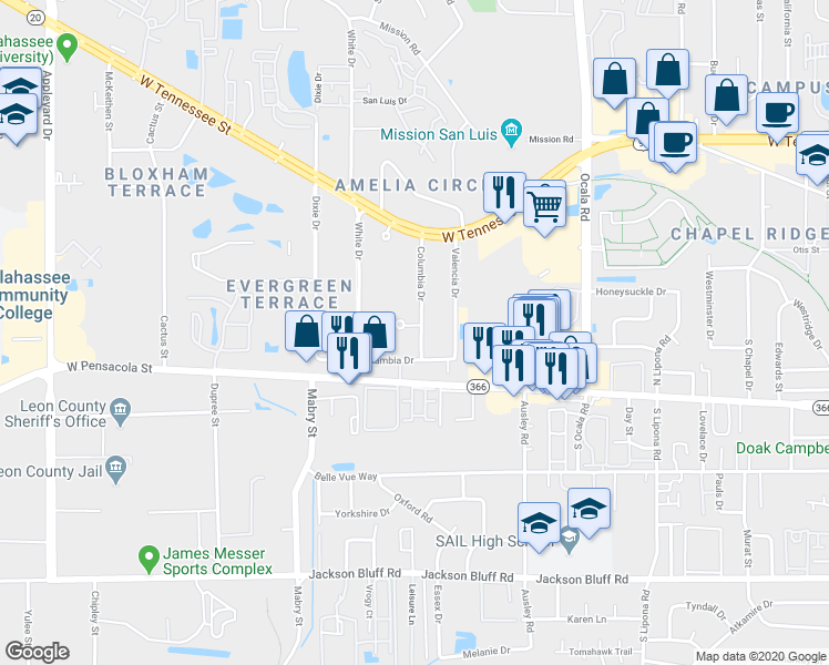 map of restaurants, bars, coffee shops, grocery stores, and more near 2307 Columbia Court in Tallahassee