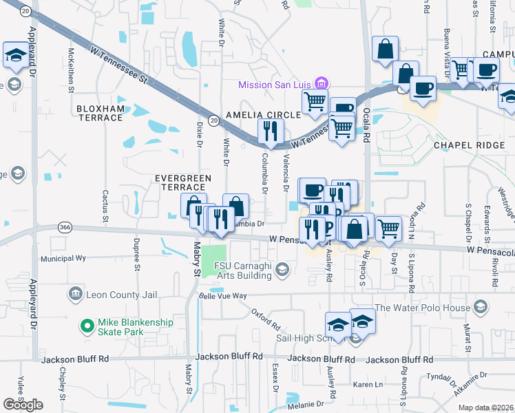 map of restaurants, bars, coffee shops, grocery stores, and more near 2307 Columbia Court in Tallahassee